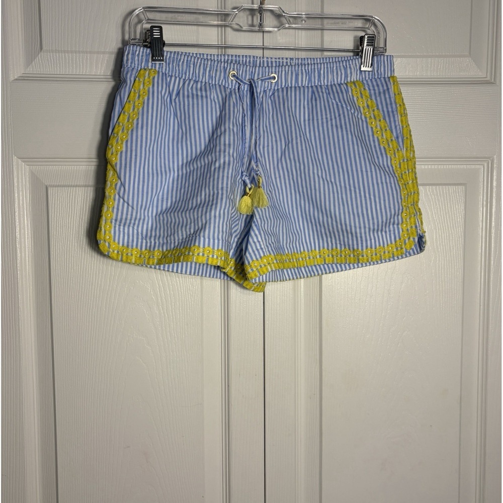 Lilly Pulitzer Blue and White Striped Shorts with Yellow Trim